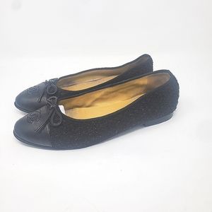 $990 Chanel Cap Toe Black Metallic Tweed Leather Ballerina Flat 40